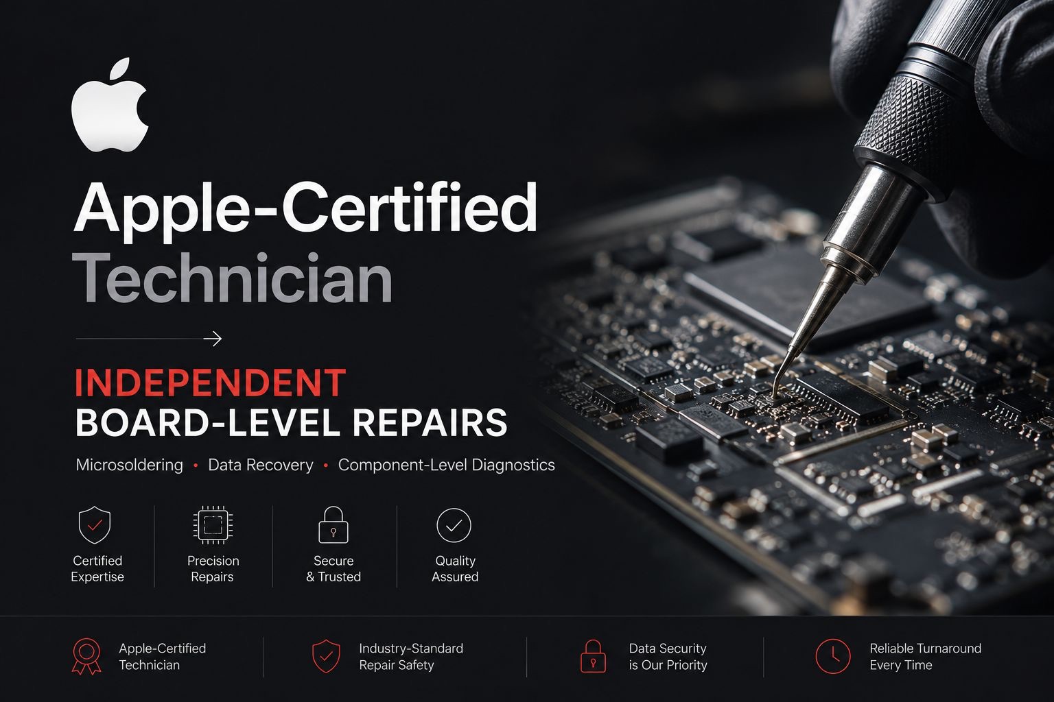 Apple-certified technician performing independent board-level repair — microsoldering, data recovery and component-level diagnostics